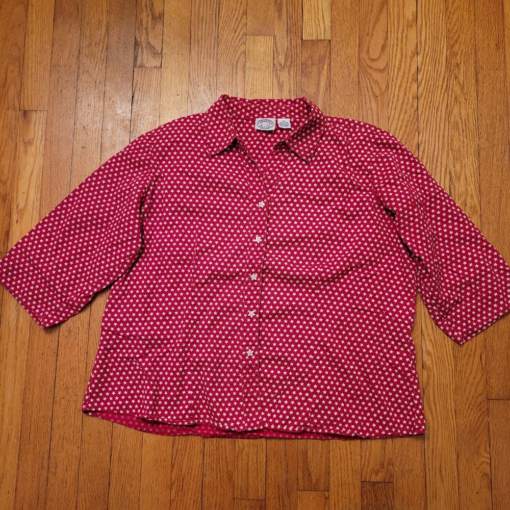 Carolina Blues Red White Star Print Button Up Blouse‎ Shirt Top 20 Americana